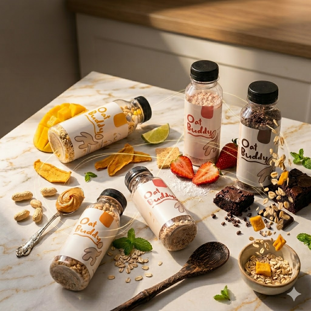 A glass jar of creamy OatBuddy overnight oats topped with strawberries, mango and chocolate shavings